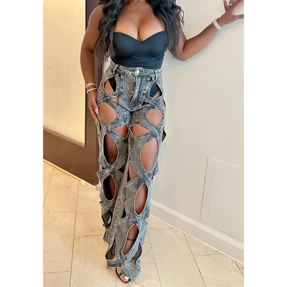 Women’s High Waisted Baggy Jeans Cotton Blend Wide Leg Casual Streetwear - Picture 4 of 5